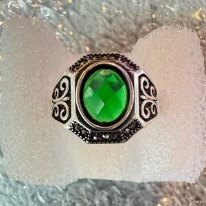 Unique Artisan Marcasite Ring with Green gemstone or glass ( CZ)